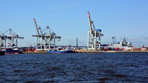 Portiques à conteneurs du terminal Tollerort, dans le port de Hambourg